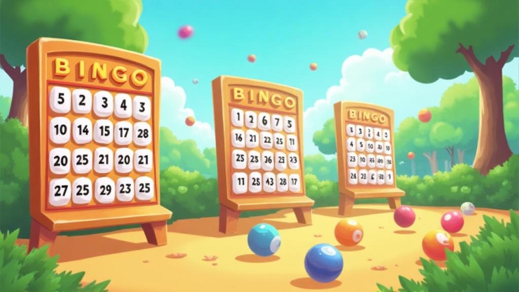 Bingo gameplay with multiple cards and colorful balls