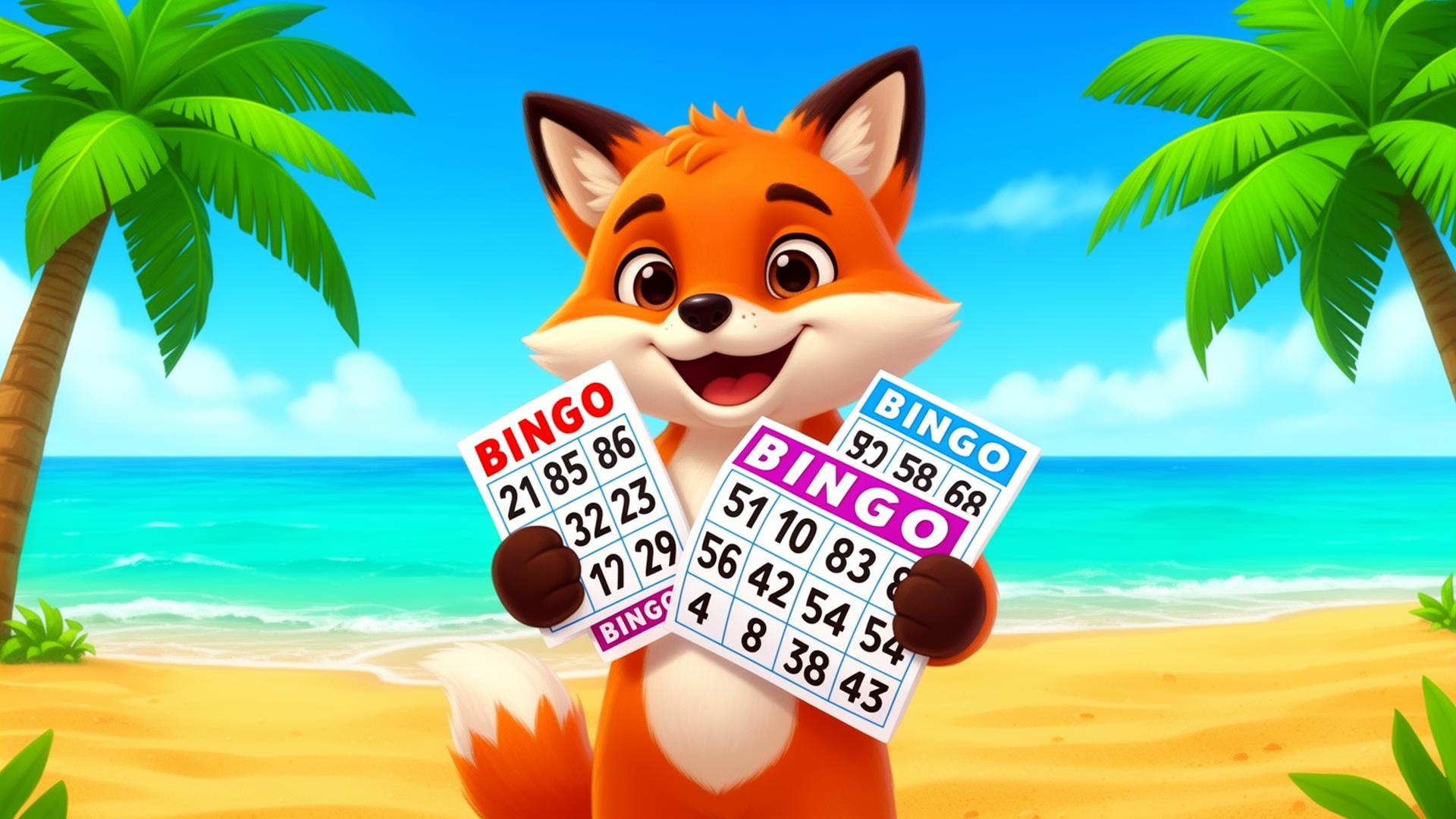 Absolute Bingo — cheerful fox and bingo cards on tropical beach